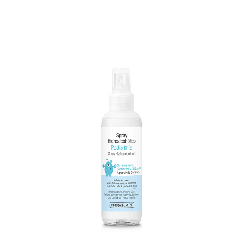 Spray hidroalcohólico Pediatric para el lavado de las manos sin necesidad de agua. Elimina la suciedad por completo. Formulado con Alcohol y con Aloe Vera