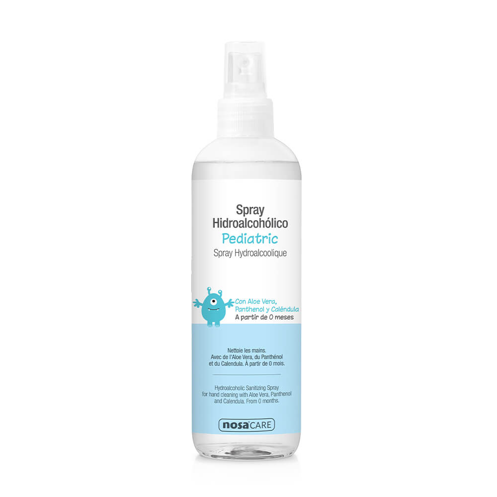 Spray hidroalcohólico Pediatric para el lavado de las manos sin necesidad de agua. Elimina la suciedad por completo. Formulado con Alcohol y con Aloe Vera